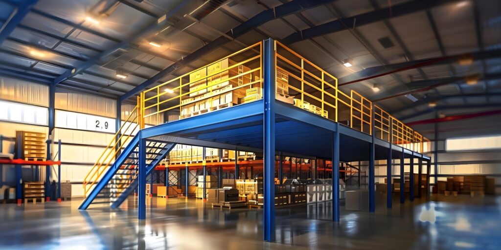 Mezzanine industrielle en entrepôt.